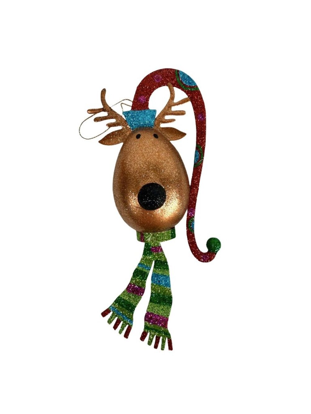 Pier 1 Round Face Reindeer w/ Scarf & Stocking Hat Ornament 7” Glitter Snowball